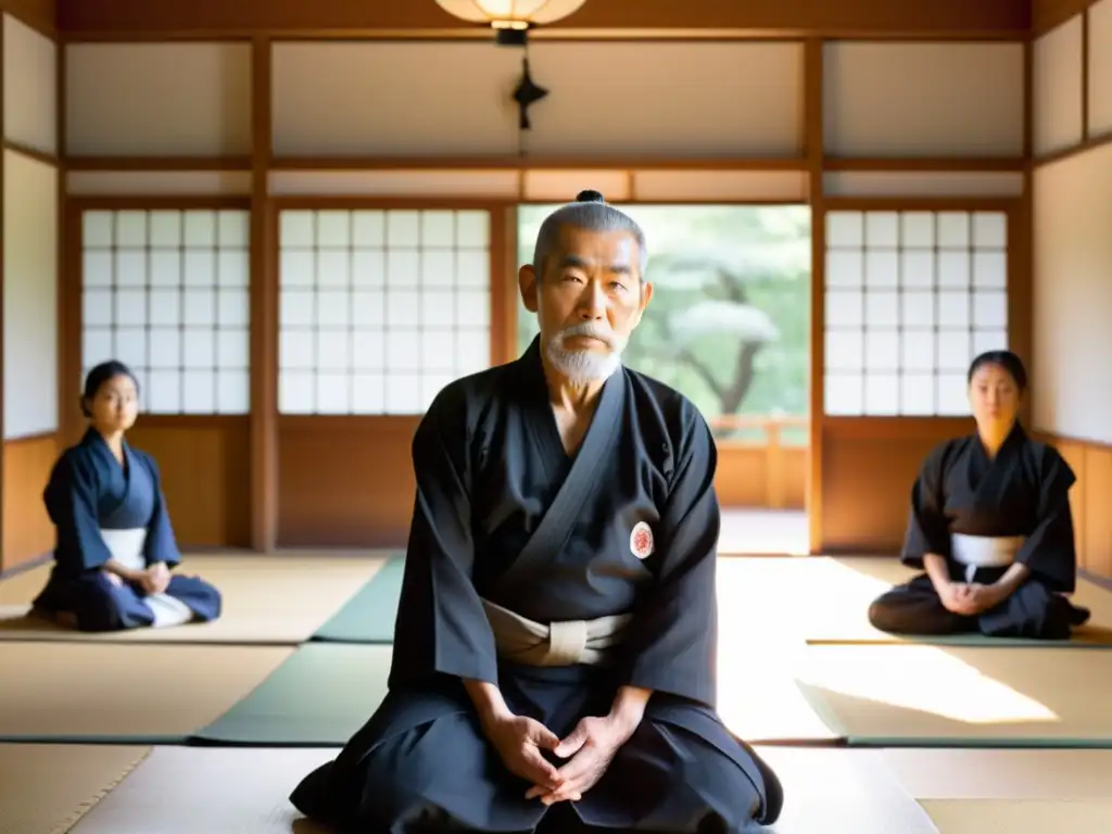 Un sabio sensei de Aikido guía a sus diversos estudiantes en un dojo sereno, transmitiendo la filosofía del Aikido en sociedad