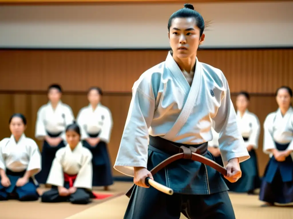 Maestro de Aikido en un Dojo Tradicional: Armonía y Enseñanzas Un sabio sensei de Aikido muestra con gracia una técnica a estudiantes diversos en un dojo tradicional