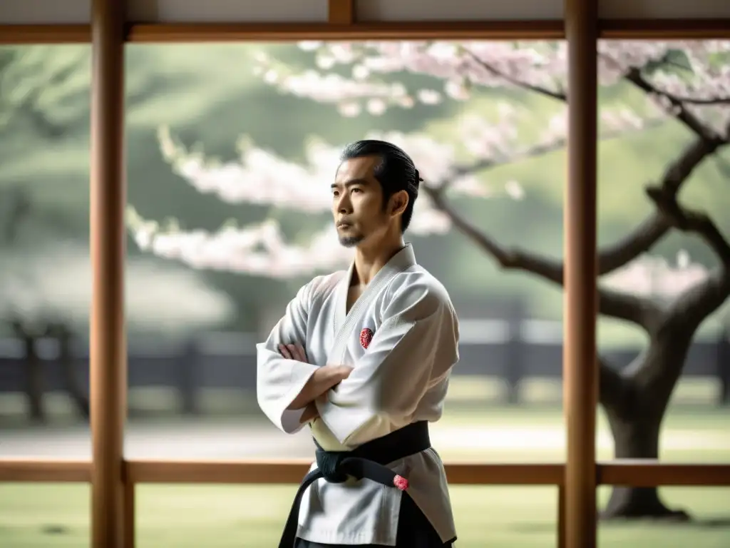 Un sabio sensei de Aikido en un tranquilo dojo con árboles de cerezo