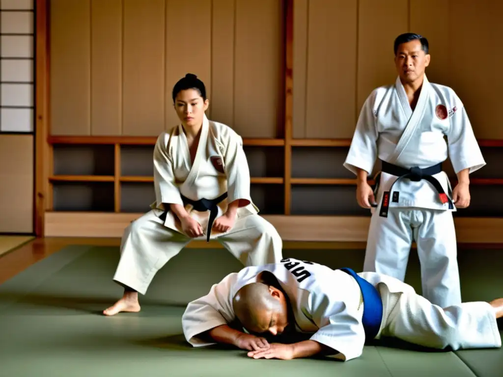 Un sabio sensei de judo enseña técnicas avanzadas en un dojo tradicional, mientras los estudiantes atentos observan