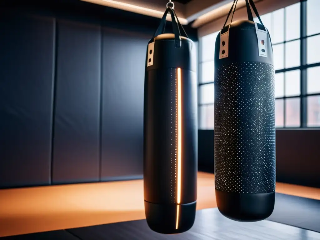 Un saco de boxeo inteligente innovador en un ambiente de entrenamiento, con tecnología de vanguardia y un atleta determinado lanzando un potente golpe