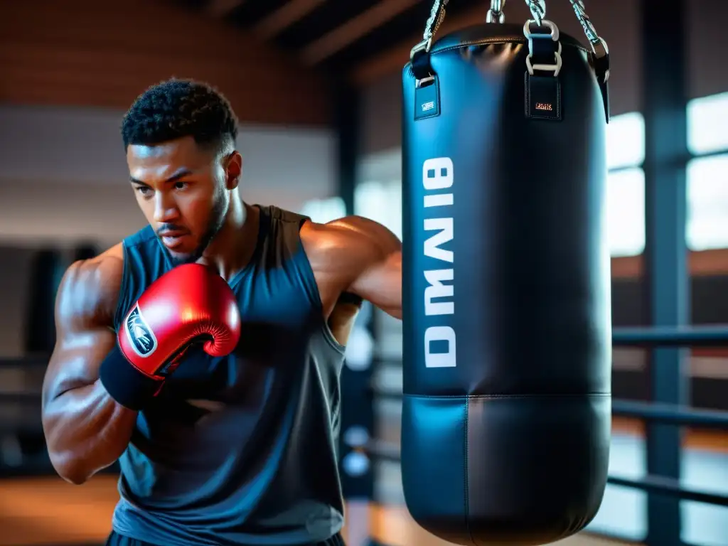 Un saco de boxeo inteligente innovador en un gimnasio tenue, con un atleta enfocado golpeándolo con determinación