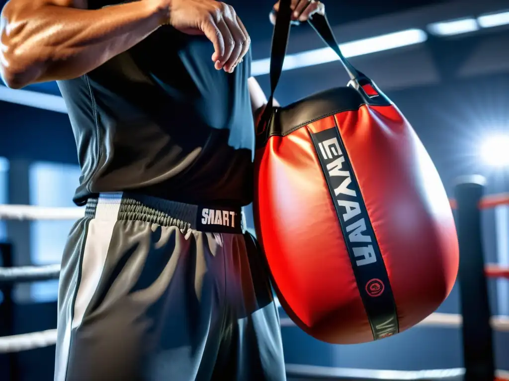 Un saco de boxeo inteligente con tecnología innovadora, usado por un boxeador profesional en un gimnasio oscuro y áspero