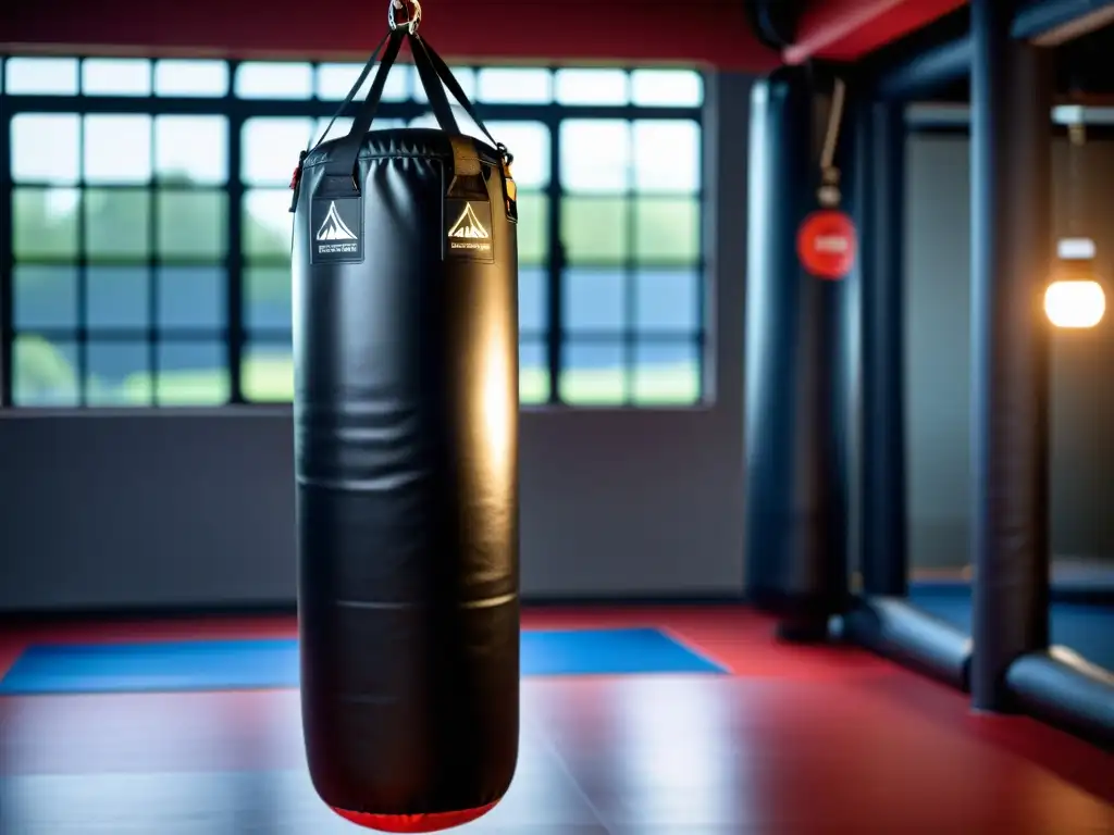 Un saco de boxeo con sensores de última generación, utilizado por un artista marcial profesional en una sesión de entrenamiento intensa