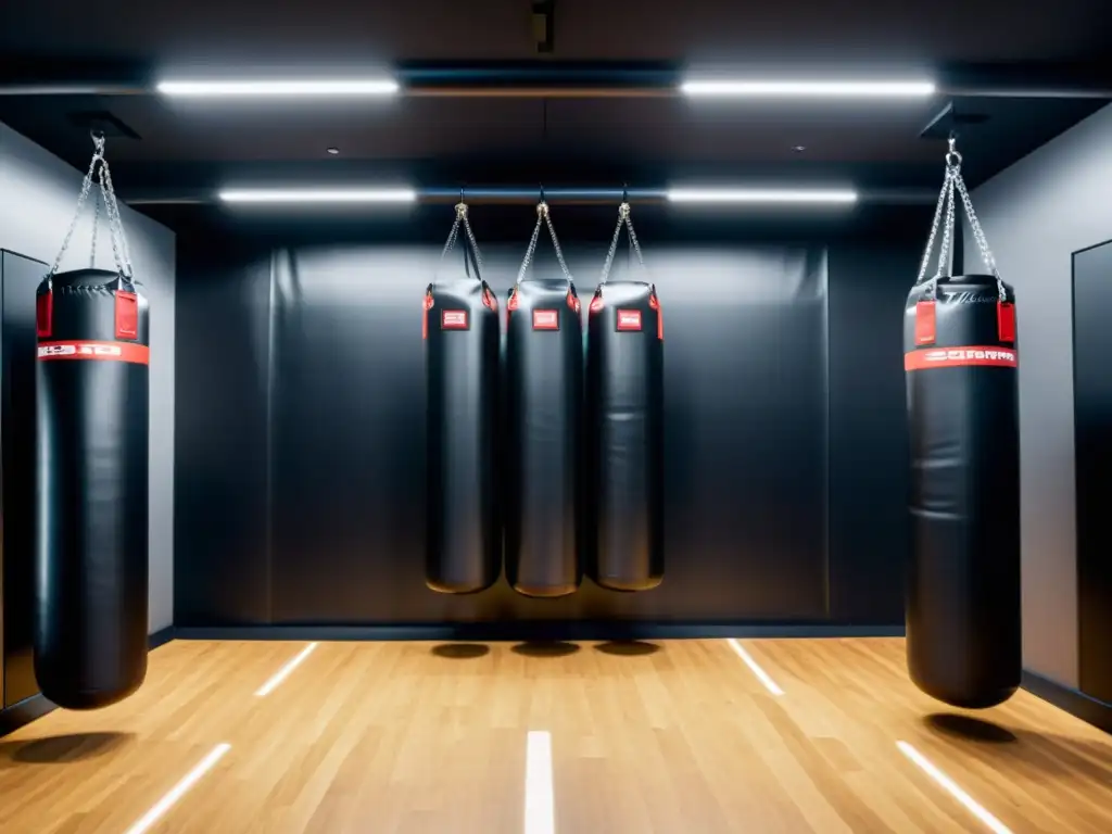 Sacos de boxeo inteligentes innovadores en un gimnasio moderno y sofisticado, con luces suaves y ambiente profesional