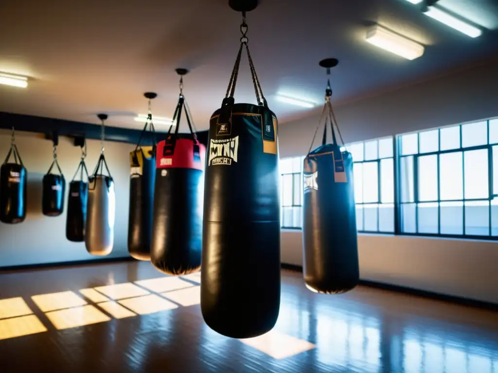 Sala de boxeo con sacos de boxeo con sensores, boxeadores entrenando bajo la luz del sol, ambiente intenso y profesional