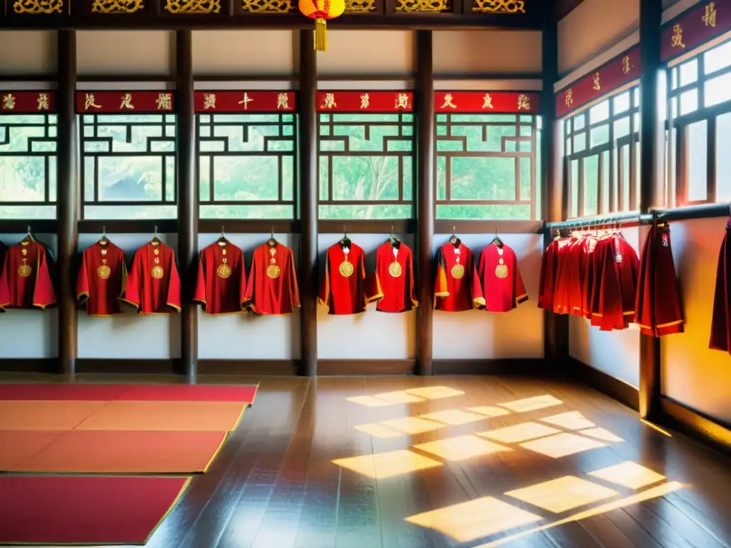 Salón de entrenamiento de artes marciales chinas con uniformes coloridos y simbólicos, significado colores ropa entrenamiento artes marciales