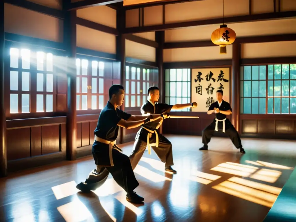 Salón de entrenamiento histórico de Wing Chun en Hong Kong con practicantes dinámicos y legado de Bruce Lee