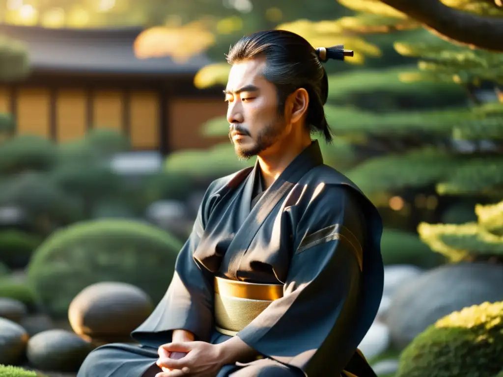 Un samurái experimentado medita en seiza en un tranquilo jardín japonés al atardecer, evocando la meditación en las artes marciales