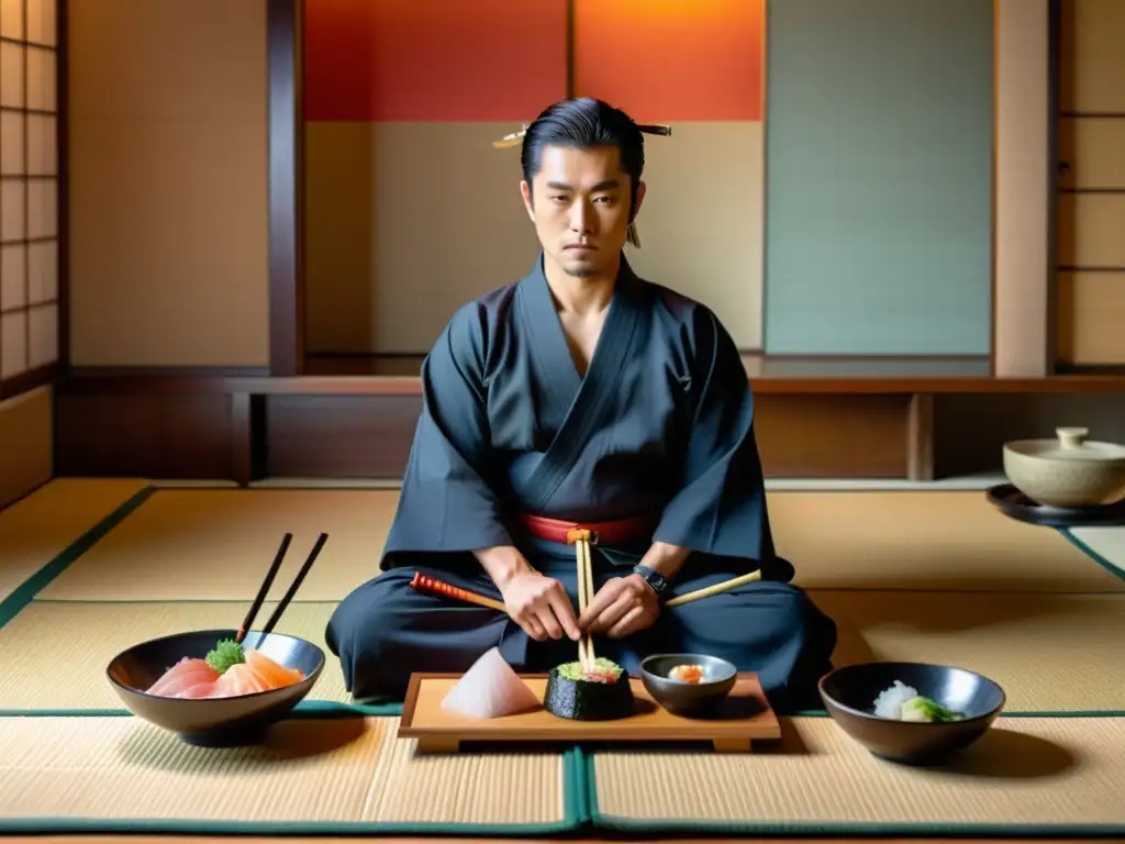 Un samurái japonés se sienta en un cuarto tradicional rodeado de platos coloridos