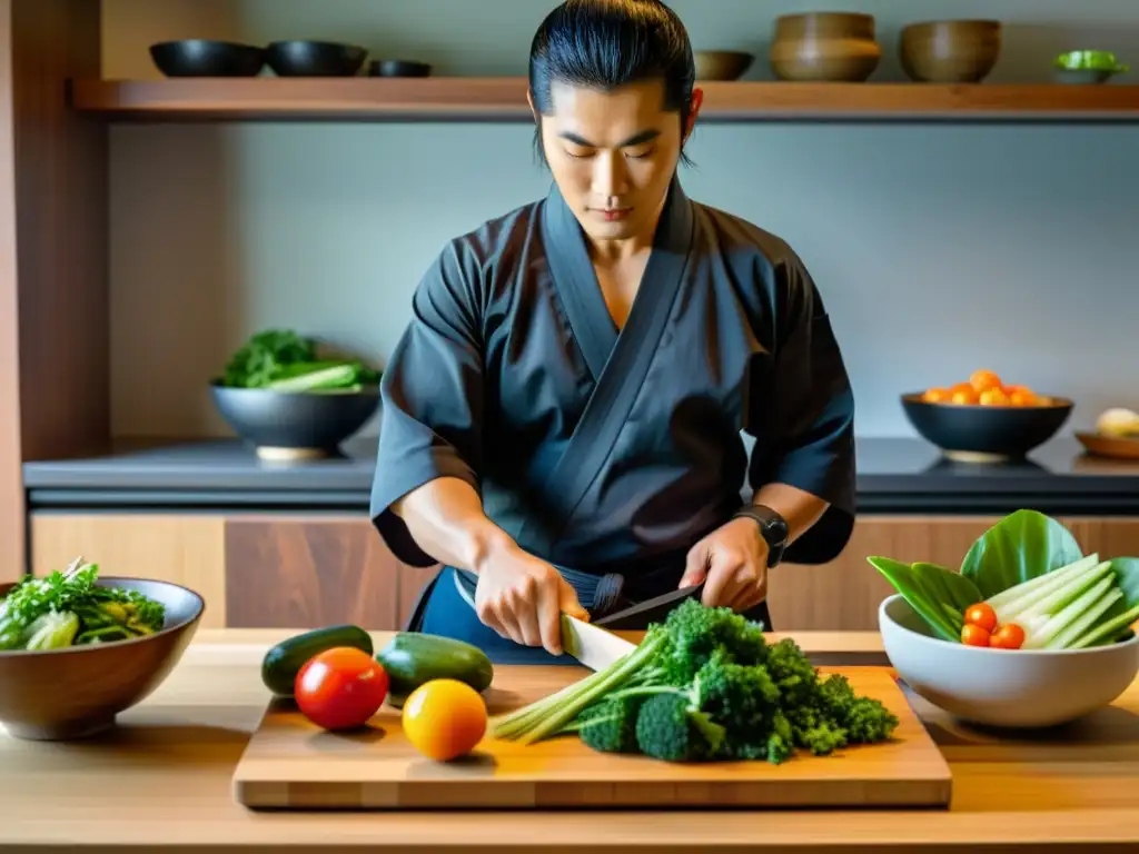 Un samurái moderno prepara una comida balanceada en una cocina japonesa, mostrando su disciplina en la nutrición para practicantes de artes marciales