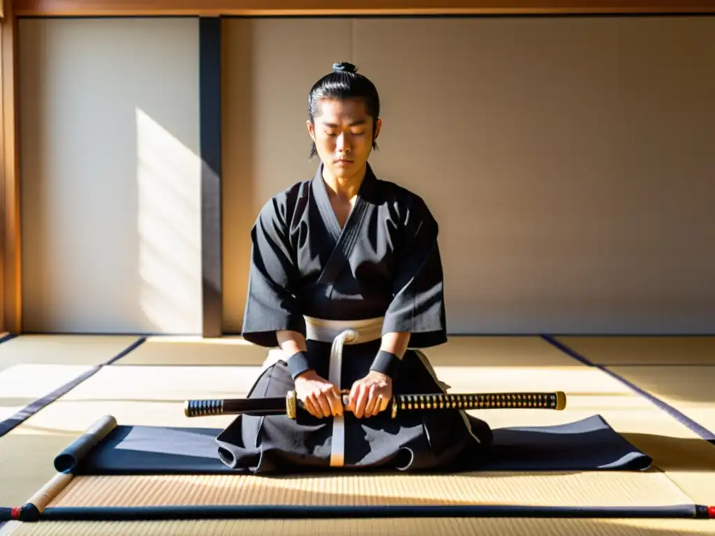 Un samurái practicante de iaido en seiza en un dojo sereno, sosteniendo un katana reluciente mientras la luz matutina brilla a través de un shoji