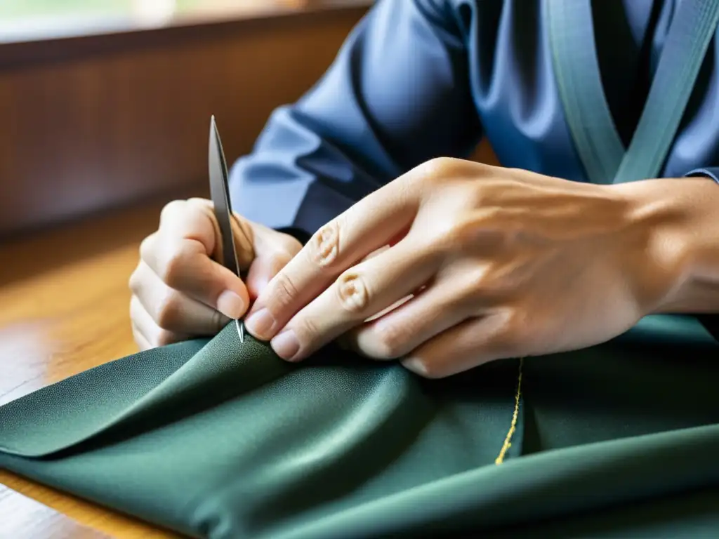 Un sastre hábil repara con cuidado una costura rota en un uniforme de entrenamiento de artes marciales de alta calidad, resaltando la importancia de los consejos para cuidar la ropa de entrenamiento en artes marciales