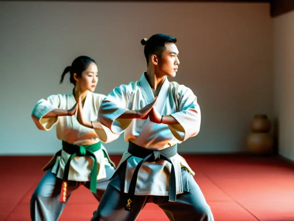 Práctica segura y disciplinada de artes marciales en el dojo, enfocándose en movimientos precisos y expresiones disciplinadas