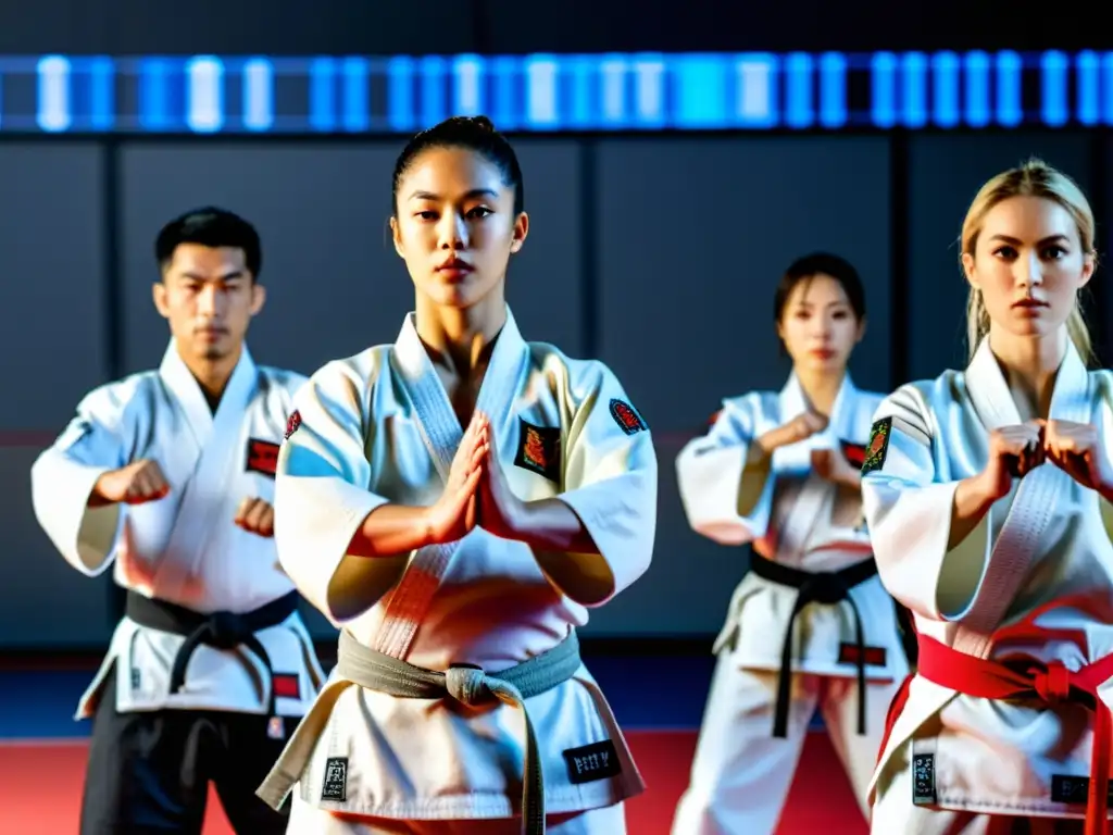 Seminario de karate online cinturones negros: Instructores demostrando técnicas avanzadas con concentración y determinación