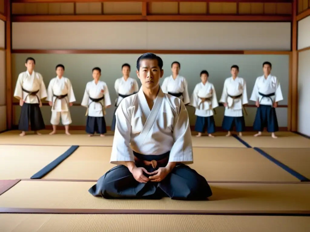 Un sensei de Aikido observa con atención a un estudiante, mientras el dojo tradicional irradia serenidad y disciplina