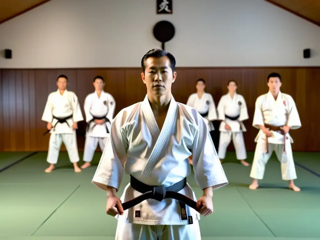 Un sensei de Aikido en gi blanco lidera una clase en un dojo, mostrando armonía y unidad