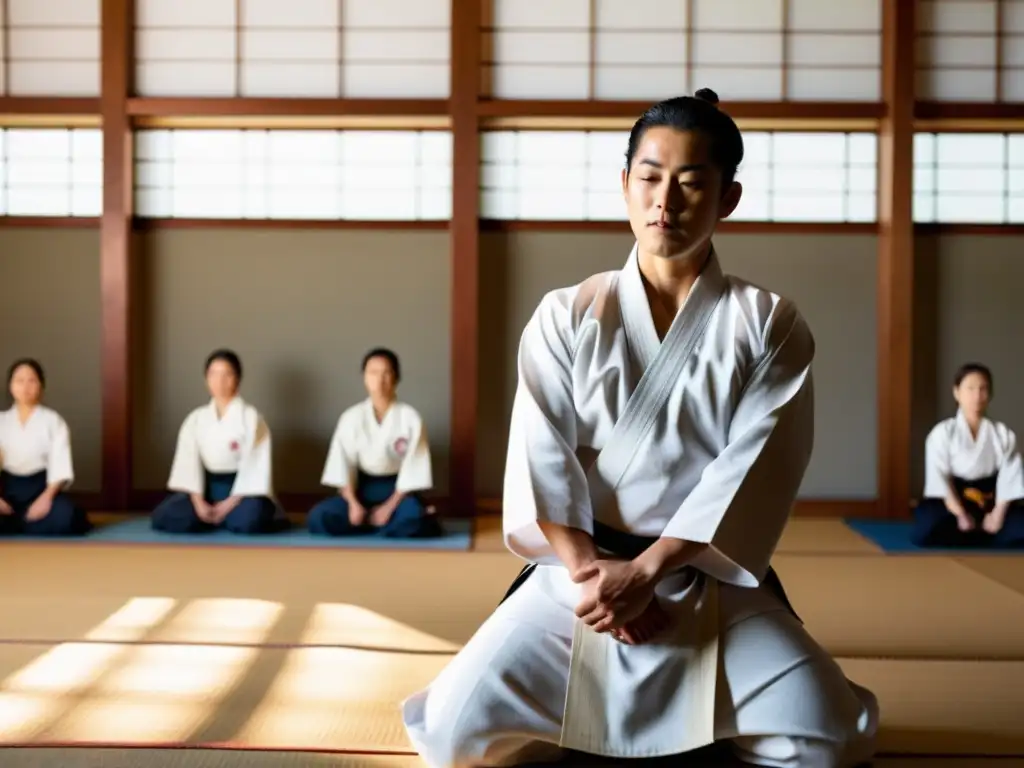 Un sensei de Aikido ejecuta una técnica con gracia en un dojo sereno, transmitiendo equilibrio emocional y paz interior a sus estudiantes