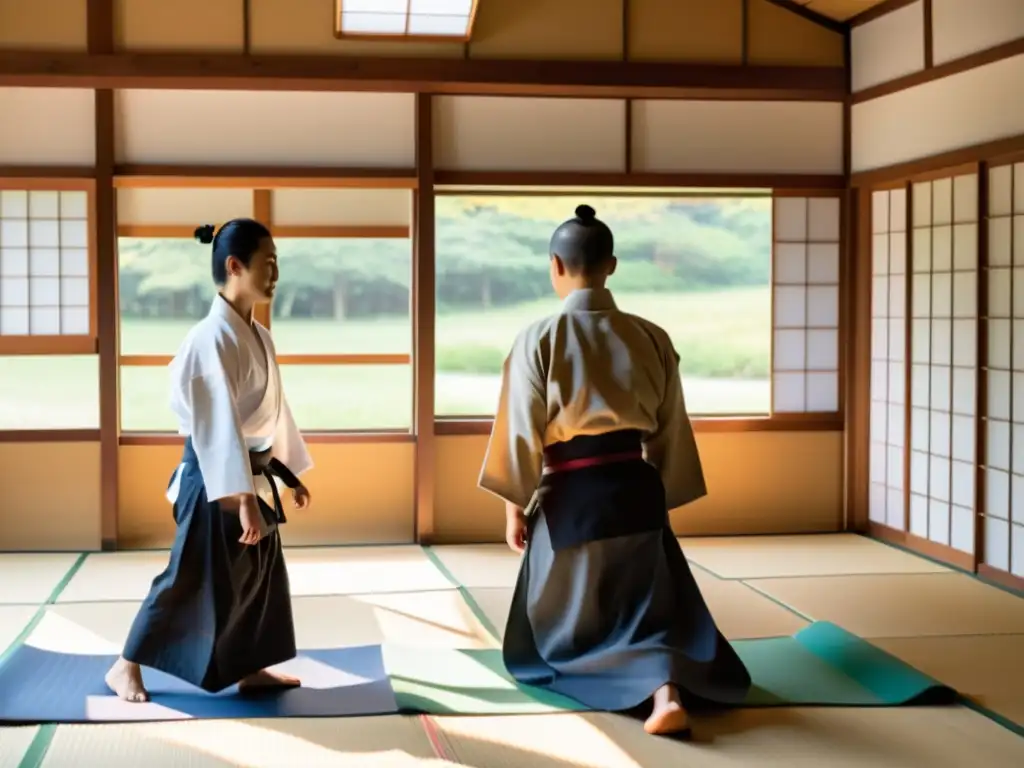 Un sensei de Aikido demostrando técnicas a estudiantes internacionales en un dojo japonés, reflejando la adaptación del Aikido en culturas diversas