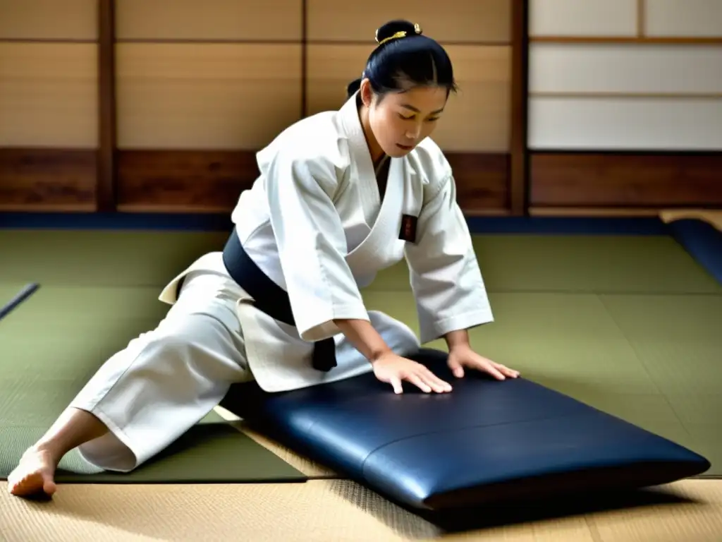 Un sensei de Aikido demostrando técnicas seguras de ukemi mientras los estudiantes observan con respeto