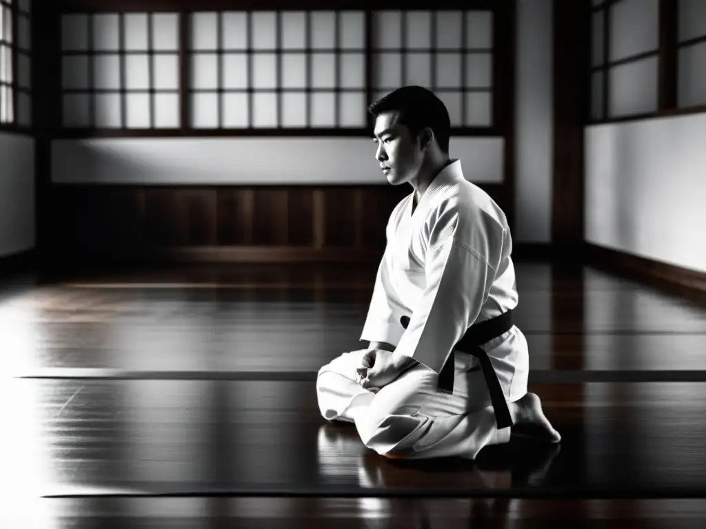 Un sensei de karate en gi blanco se inclina ante sus estudiantes en un dojo tradicional, transmitiendo respeto y disciplina