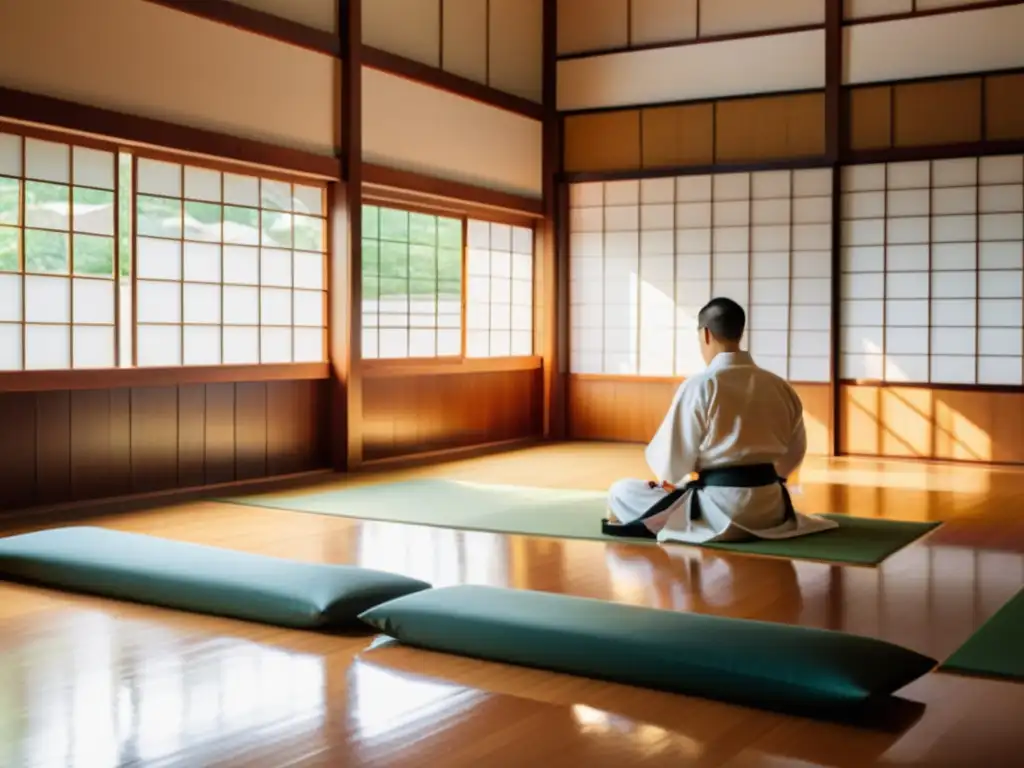 Un sensei lidera una disciplinada sesión de entrenamiento en un dojo de artes marciales, irradiando sabiduría y confianza