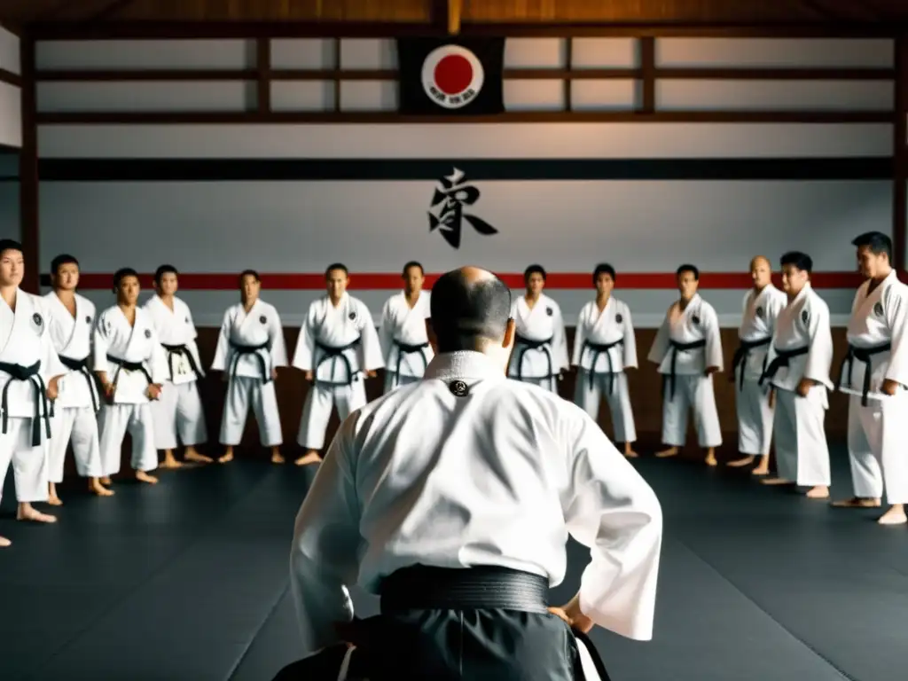 Un sensei de karate en un dojo tradicional, muestra respeto al grupo de estudiantes