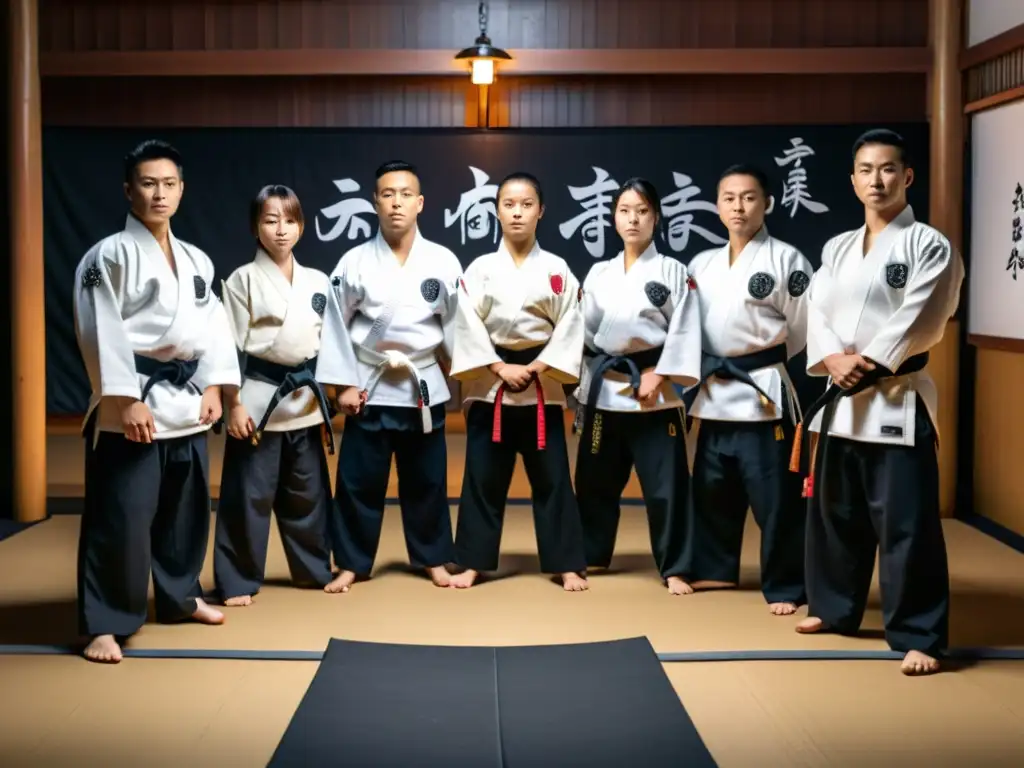 Sensei y estudiantes en dojo de artes marciales, con atmósfera serena y evolución de técnicas de MMA