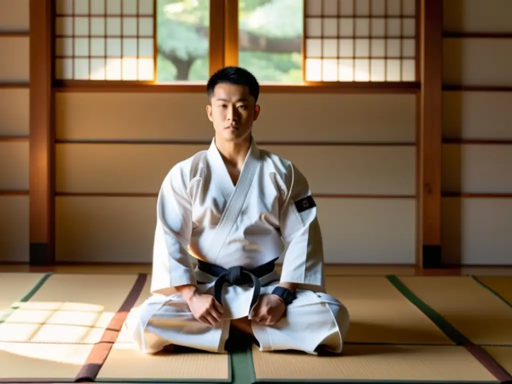 Un sensei guía a sus estudiantes en un dojo tradicional, practicando técnicas de combate con mindfulness en un ambiente de disciplina y tranquilidad