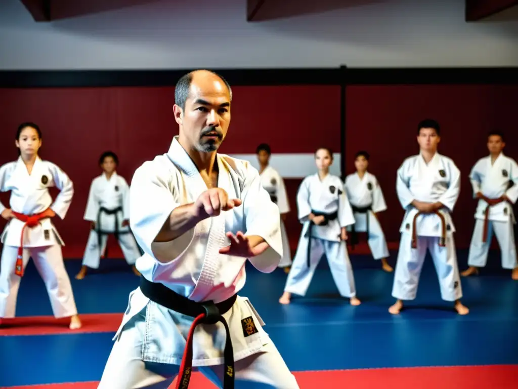 Maestro de karate enseña técnica precisa a jóvenes estudiantes en gi blanco Un sensei de karate enseña a sus estudiantes en un dojo, transmitiendo valores y carácter en Karate