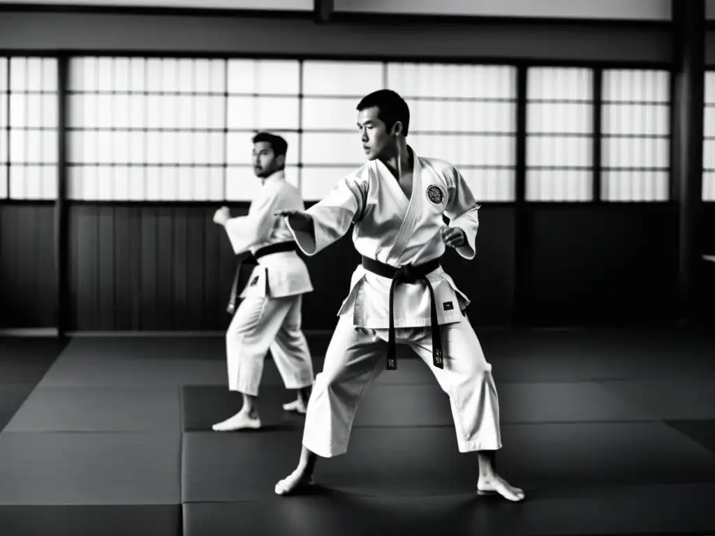 Un sensei de karate lidera a sus estudiantes en un intenso entrenamiento en un dojo