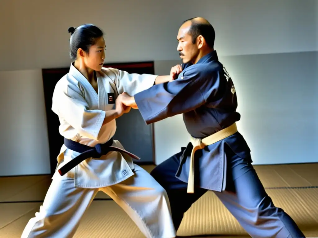 Un sensei experimentado controla la agresión con Aikido, desviando con calma un poderoso ataque en un dojo tradicional