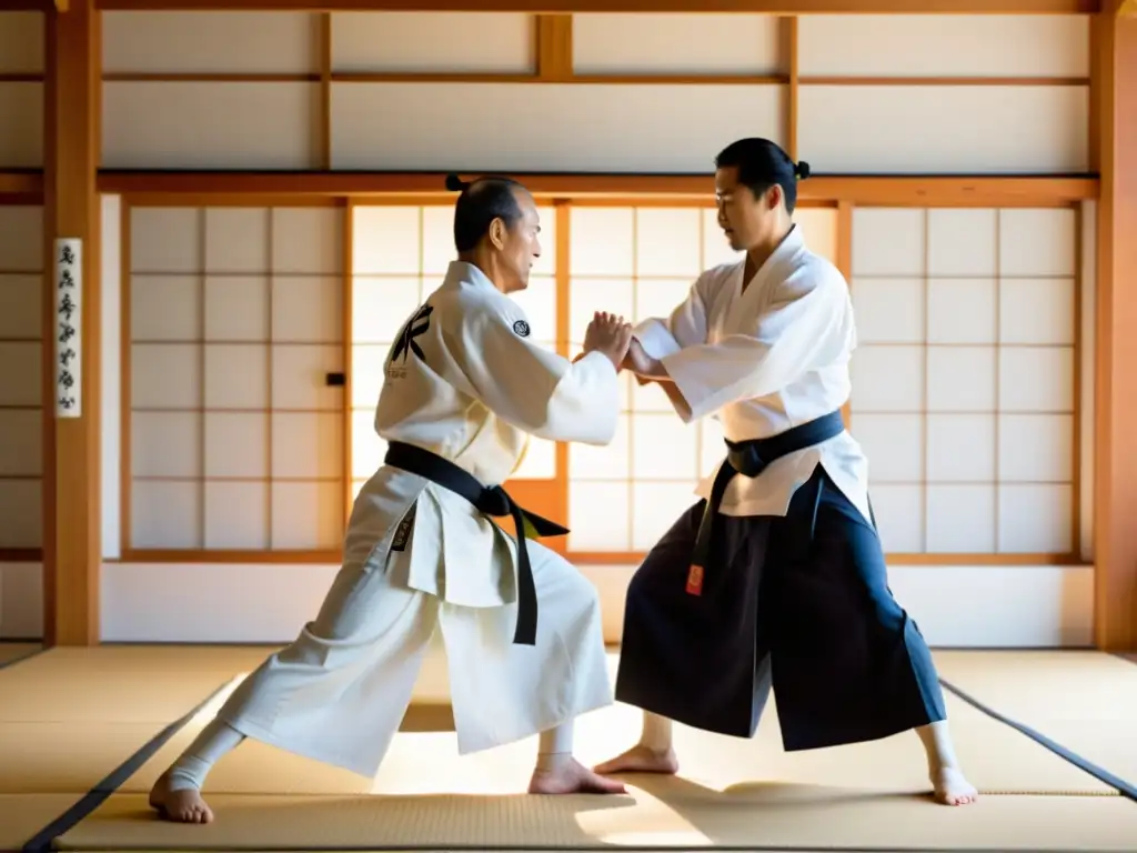 Un sensei experimentado de Aikido demuestra técnicas fundamentales a un principiante en un dojo sereno