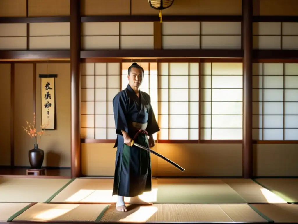 Un sensei experimentado en un dojo sereno, sosteniendo un shinai de bambú