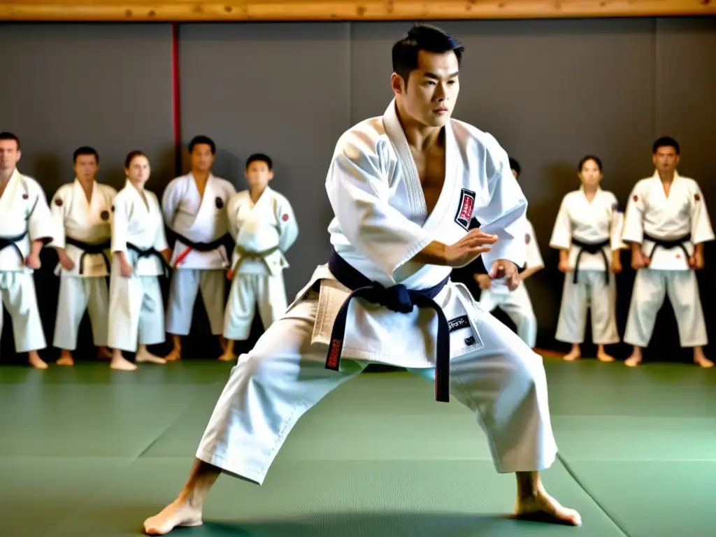 Un sensei de judo enseña técnicas avanzadas en un dojo tradicional, con estudiantes atentos