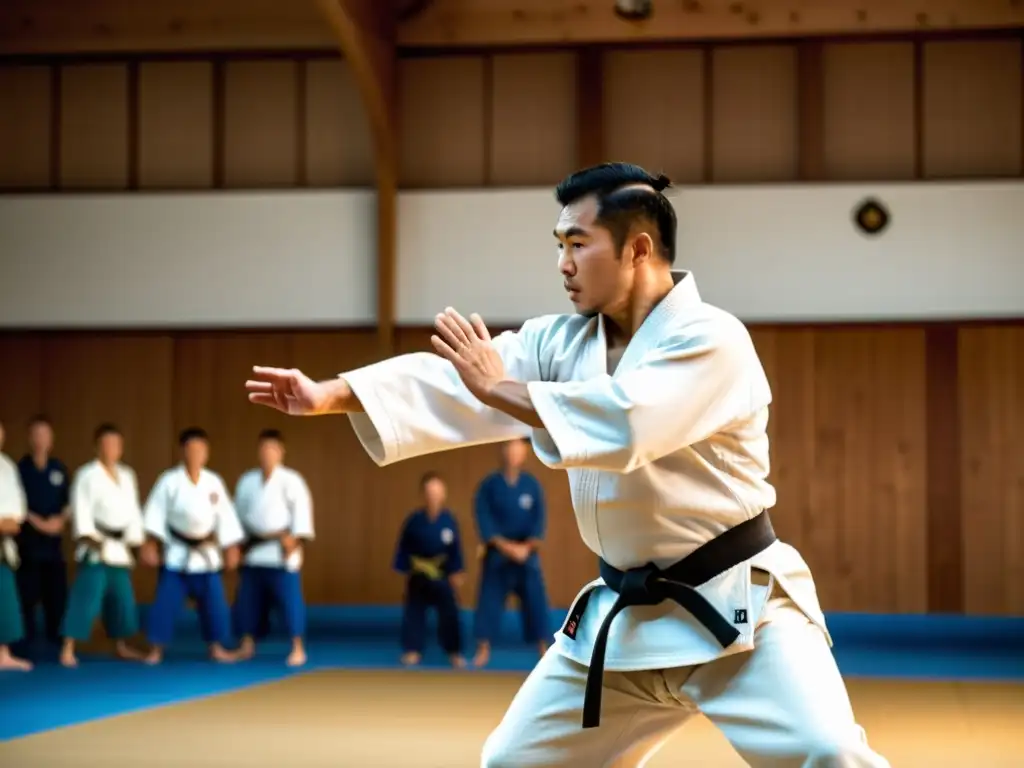 Un sensei de judo ejecuta una técnica avanzada en un dojo tradicional, con estudiantes enfocados