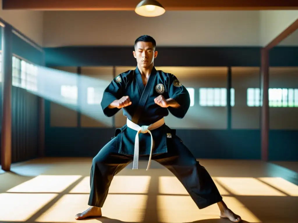 Maestro de artes marciales muestra dominio en dojo iluminado Un sensei en gi negro muestra una patada precisa en un dojo soleado, reflejando autoridad y maestría en la corrección de técnicas artes marciales