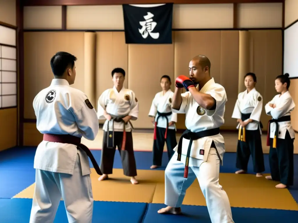 El sensei demuestra una técnica precisa a sus disciplinados estudiantes en un dojo de artes marciales