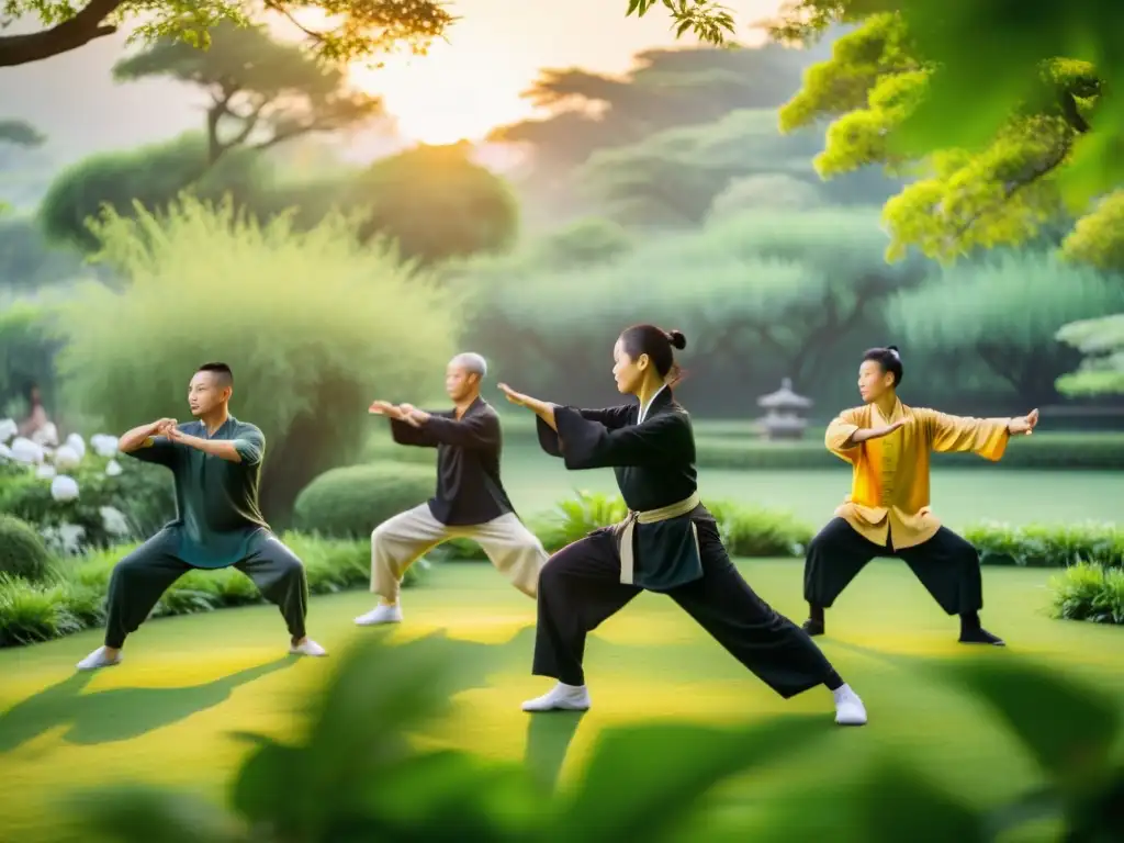 Práctica de Qi Gong al amanecer en un jardín sereno, cultivando energía vital en Kung Fu