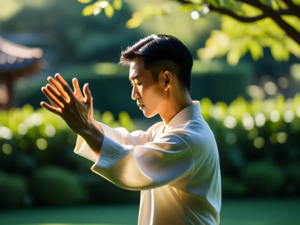 Práctica de Tai Chi en un jardín sereno, capturando la espiritualidad en artes marciales occidentales