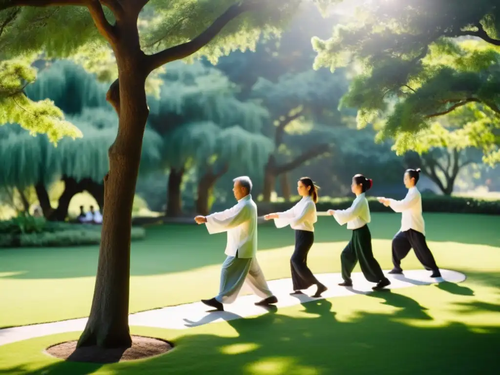 Práctica de Tai Chi en un jardín sereno y exuberante, con luz matutina filtrándose entre los árboles