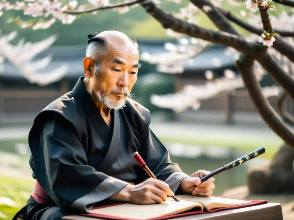 En un jardín sereno, un maestro anciano de artes marciales practica Bujinkan Ninjutsu, impartiendo sabiduría a sus estudiantes con gracia y disciplina