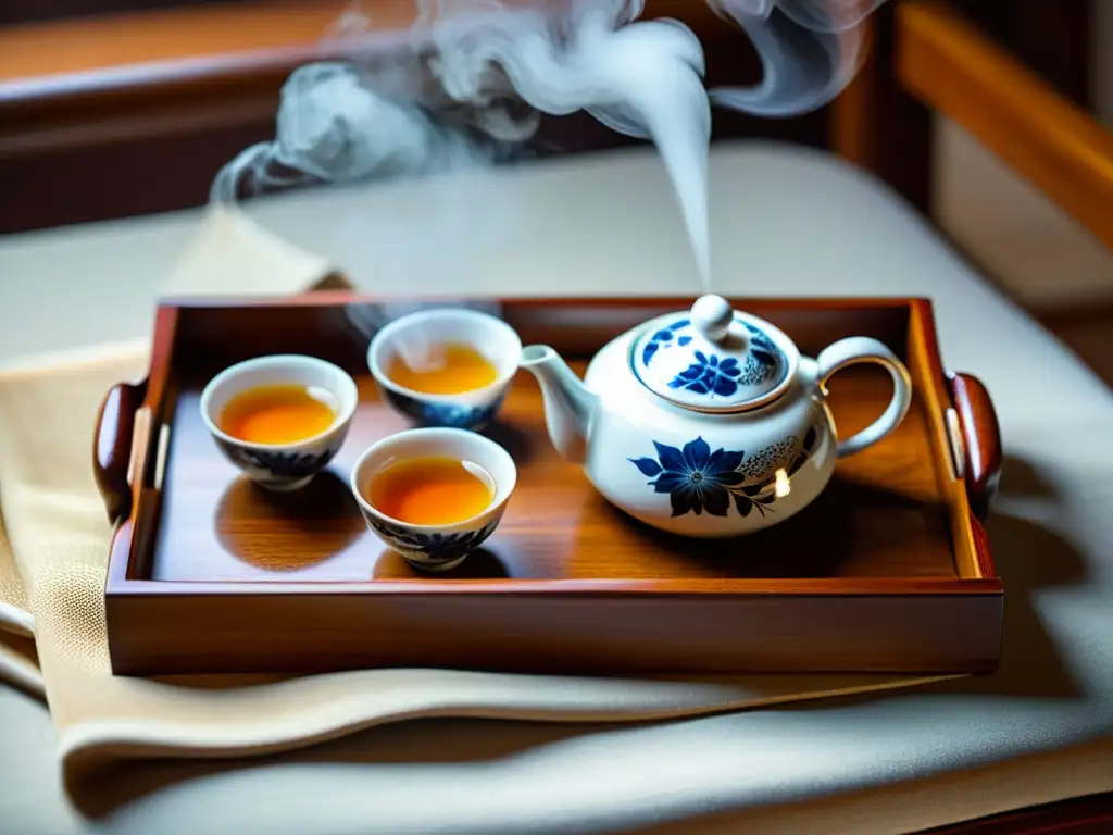 Un set de té chino tradicional con tazas de porcelana y una tetera en una bandeja de madera, creando una atmósfera serena y acogedora