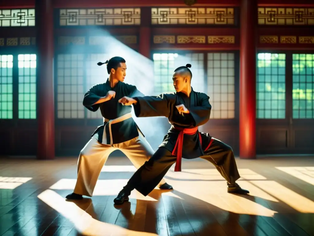 Un set de película de Kung Fu moderna con artistas marciales expertos realizando escenas de combate coreografiadas en un escenario chino tradicional