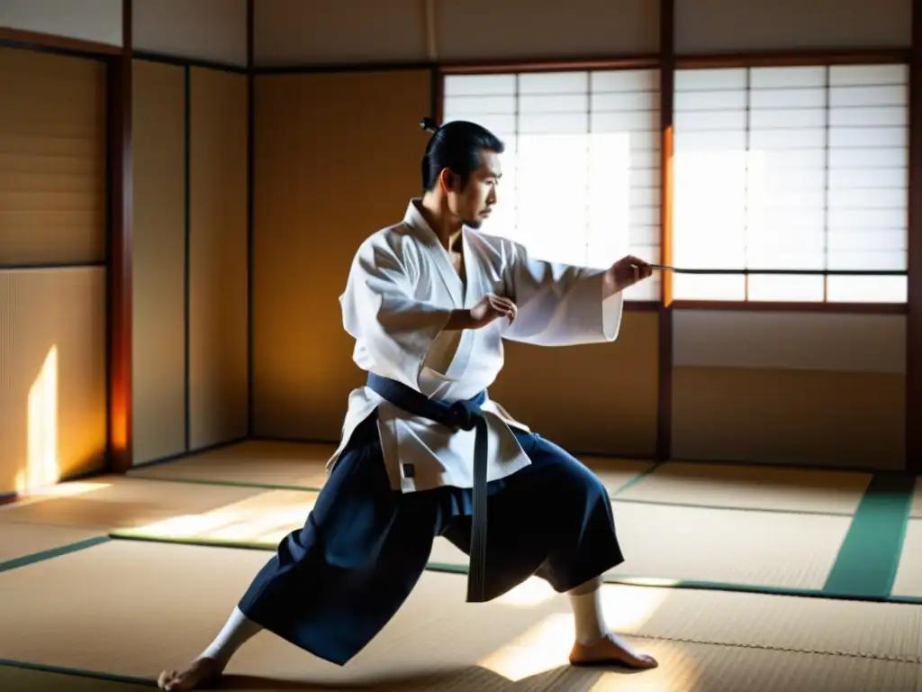 Shoji Nishio ejecutando una precisa técnica de Aikido en un dojo tradicional, con luz solar dramática