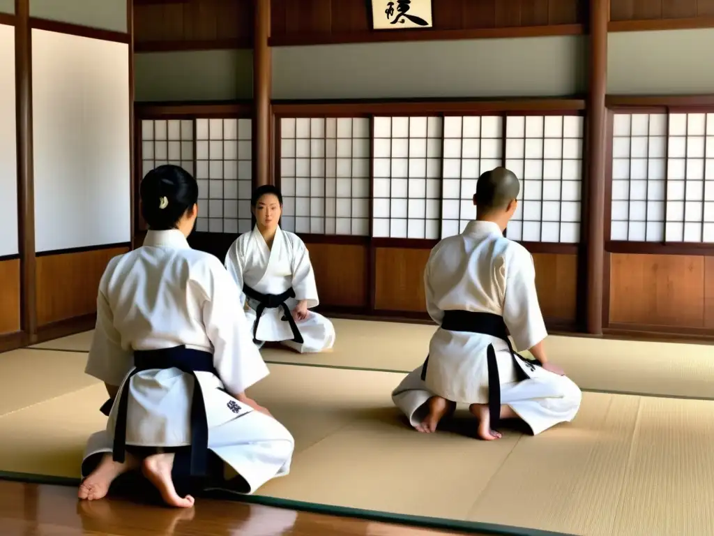 Práctica de Shorinji Kempo en dojo tradicional con fusión de técnicas artes marciales chinas y japonesas, en ambiente sereno y poderoso