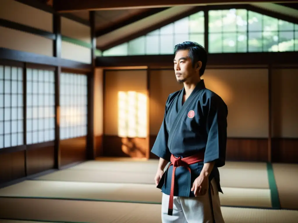 Shoto Tanemura en un dojo de artes marciales, iluminado por luz natural, refleja la trascendencia de Genbukan Ninpo