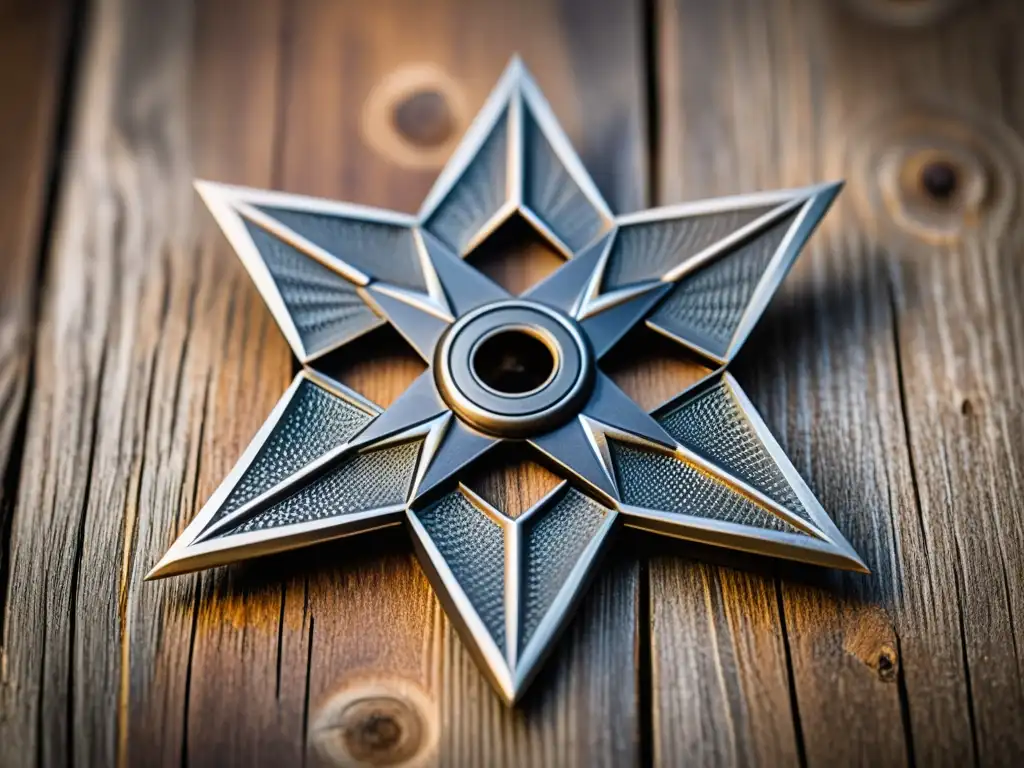 Una shuriken japonesa descansa sobre madera envejecida, mostrando la artesanía y la historia de la Filosofía del Ninjutsu perspicacia mental