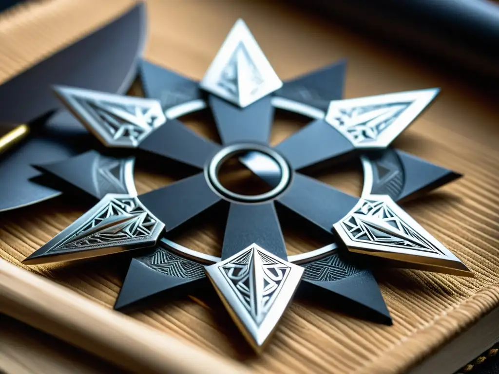 Un shuriken de ninjutsu antiguo, con detalles intrincados y un aura de poder silencioso