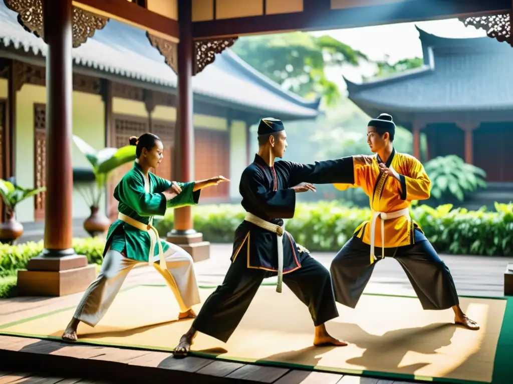 Práctica de Silat en un patio tradicional de Indonesia, con influencia del Silat en artes marciales, movimientos fluidos y atuendos coloridos